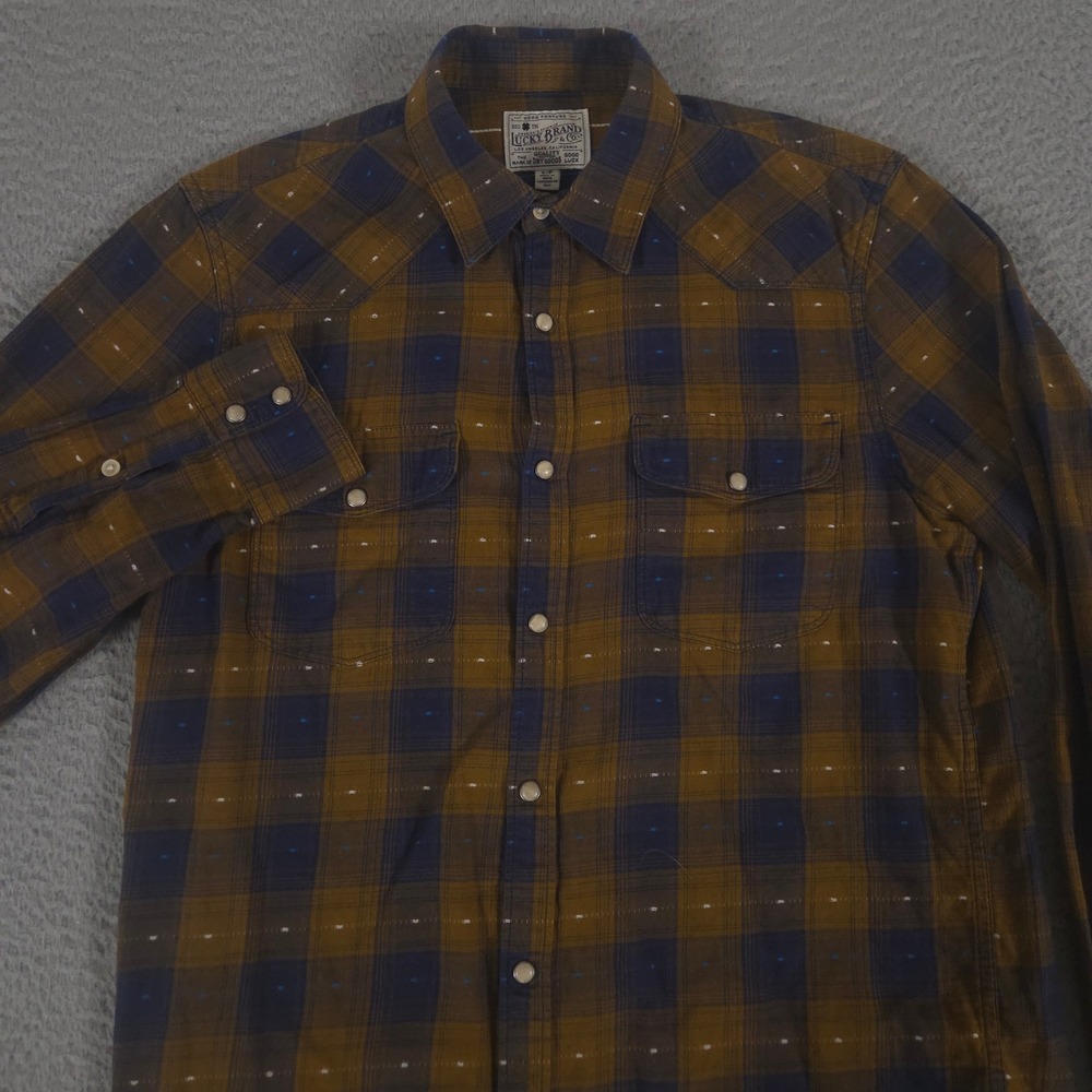 Lucky Brand Shirt Mens Small Dobby Western Plaid Pearl Snaps Cotton Long Sleeve